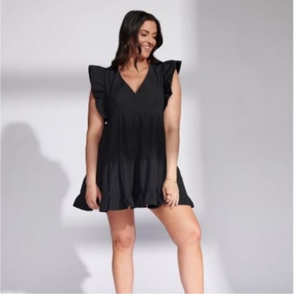 Abercrombie & Fitch Flutter Sleeve Tiered Mini Dress Black XXLT Plus Pockets - Picture 1 of 16
